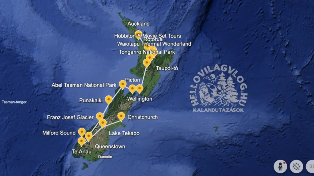 Új-Zéland körutazás térkép