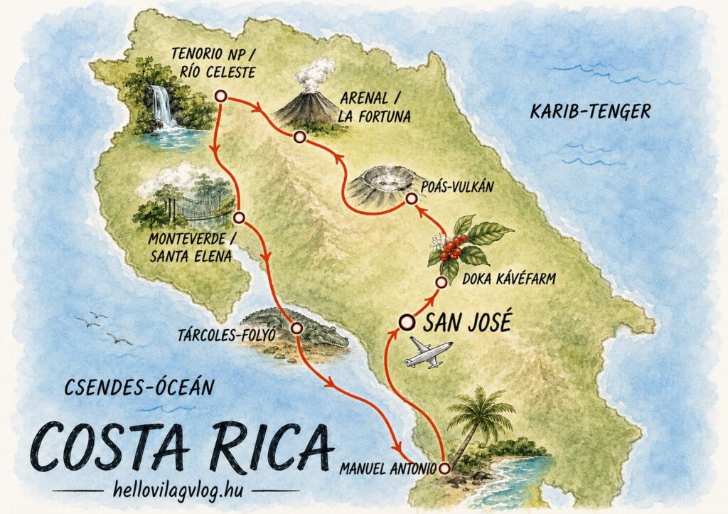 Costa Rica körutazás útvonal és térkép